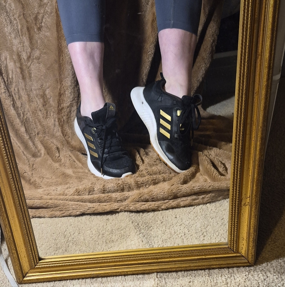 Adidas Women's Black Sneakers with Gold Grunge Well Worn Thrashed Distressed